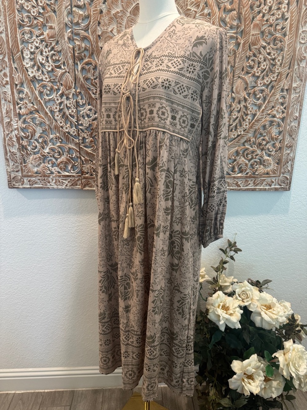 R. Vivimos Cream& Sage Bohemian Floral Flowy Midi Dress, Lightweight Comfy! - Picture 8 of 16